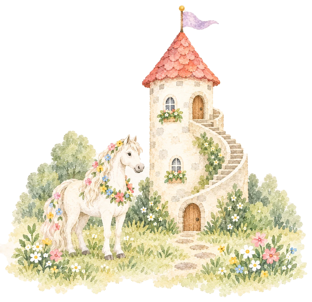 花に囲まれた、らせん階段のあるお城と、花かざりをつけた白い馬の水彩イラスト