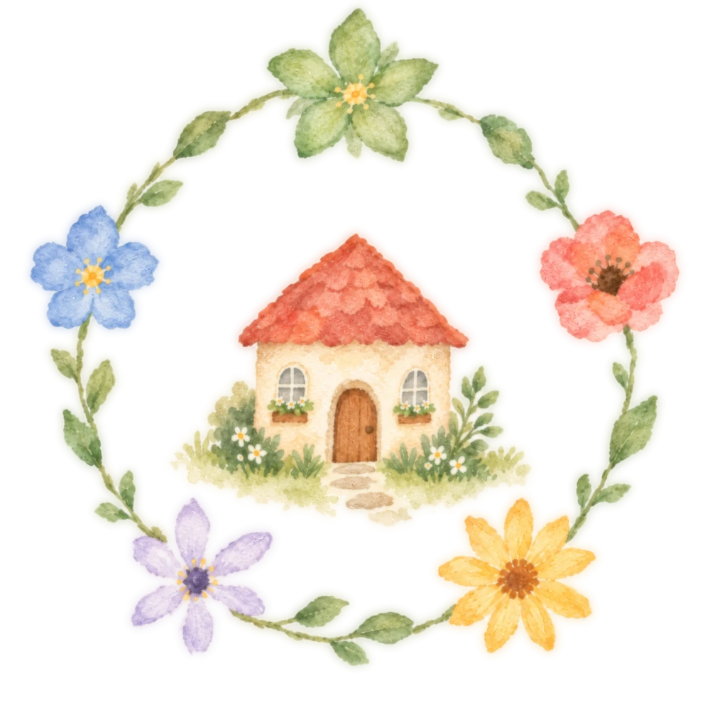 おうちのまわりに、緑・赤・黄・紫・青の5つの花が輪になって咲いている水彩イラスト